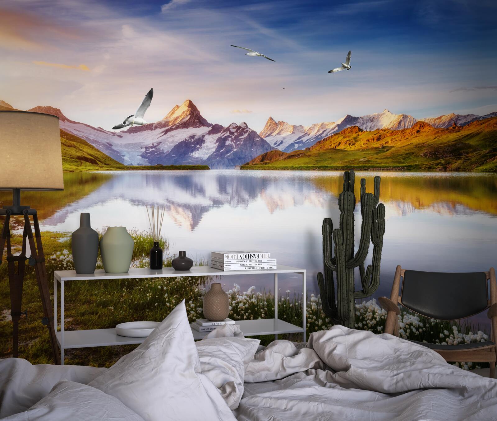 Papier peint coucher de soleil sur une rivière de montagne