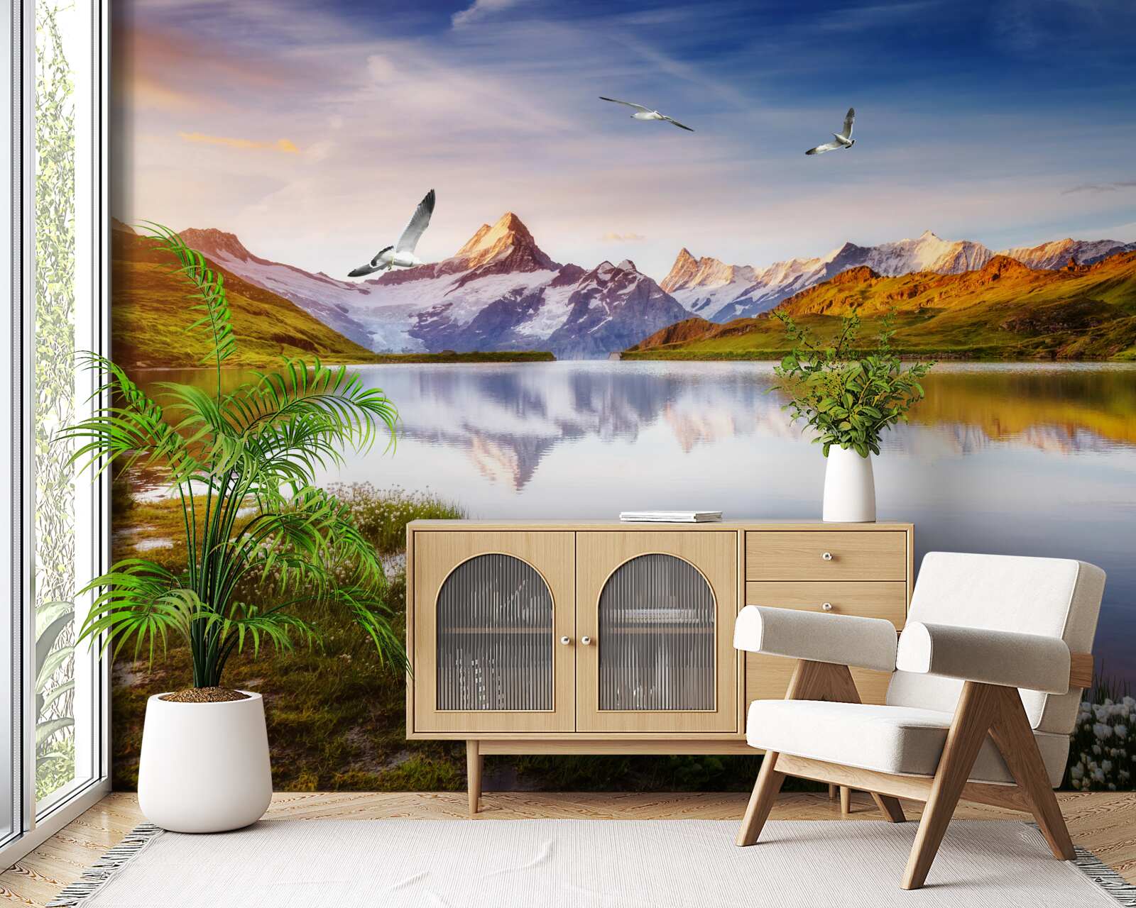 Papier peint coucher de soleil sur une rivière de montagne