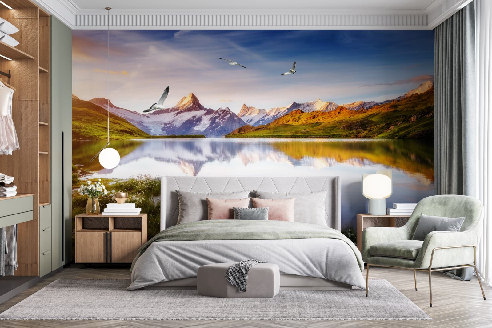 Papier peint coucher de soleil sur une rivière de montagne