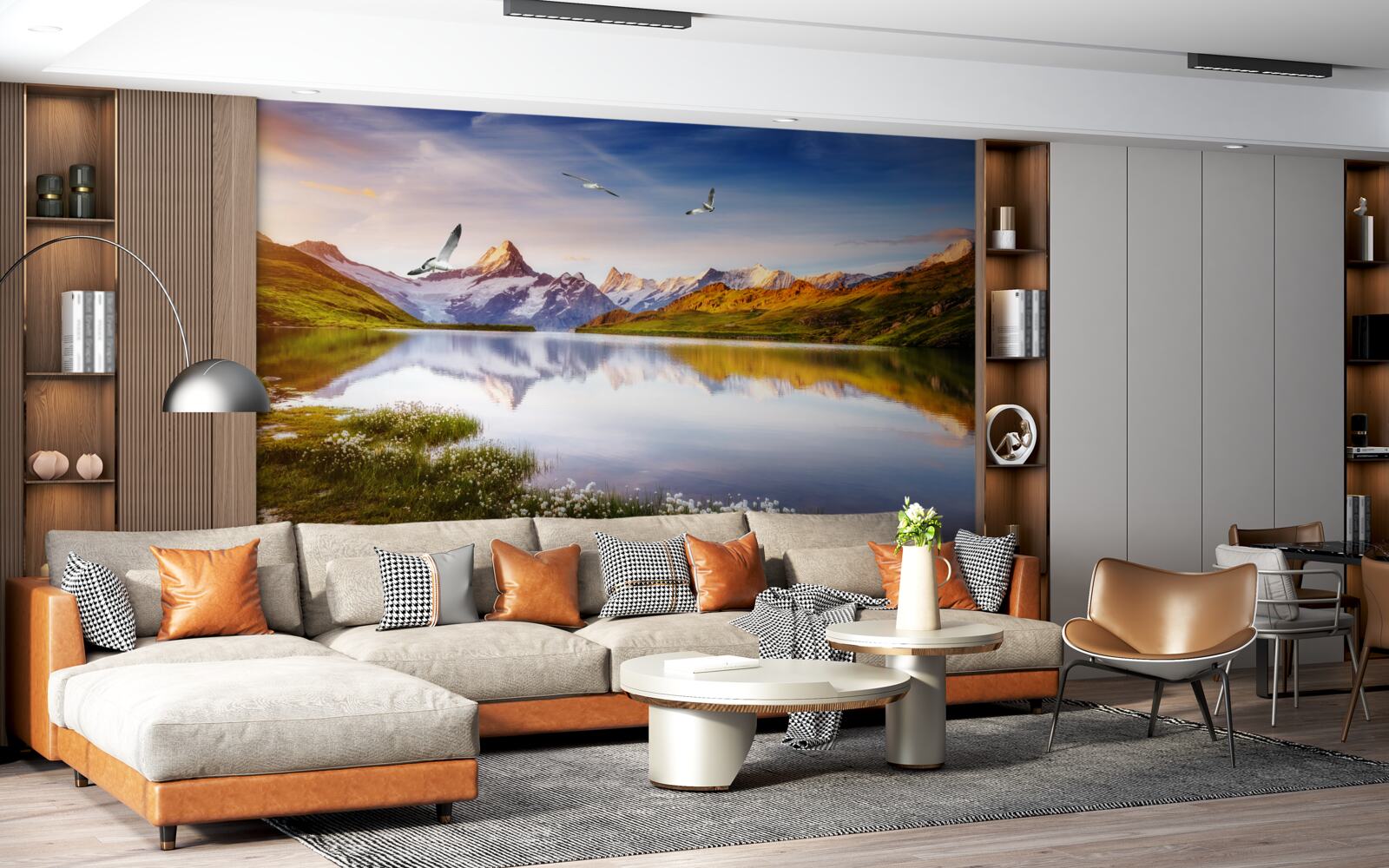 Papier peint coucher de soleil sur une rivière de montagne