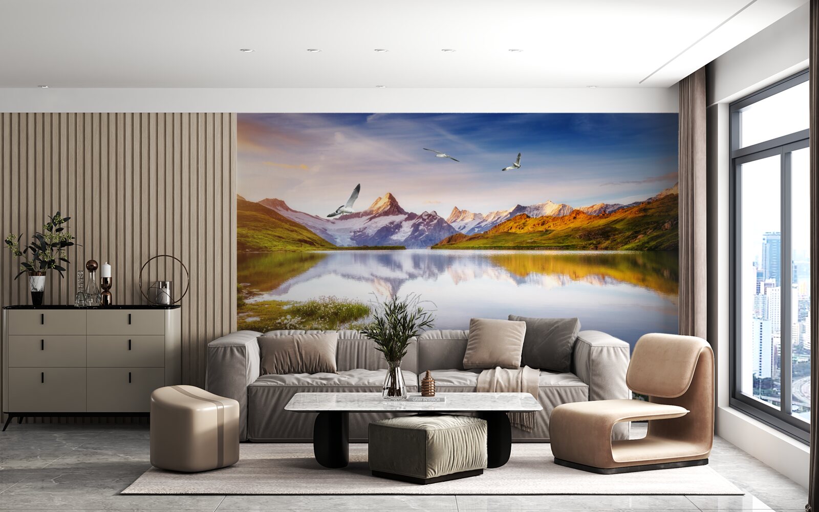 Papier peint coucher de soleil sur une rivière de montagne