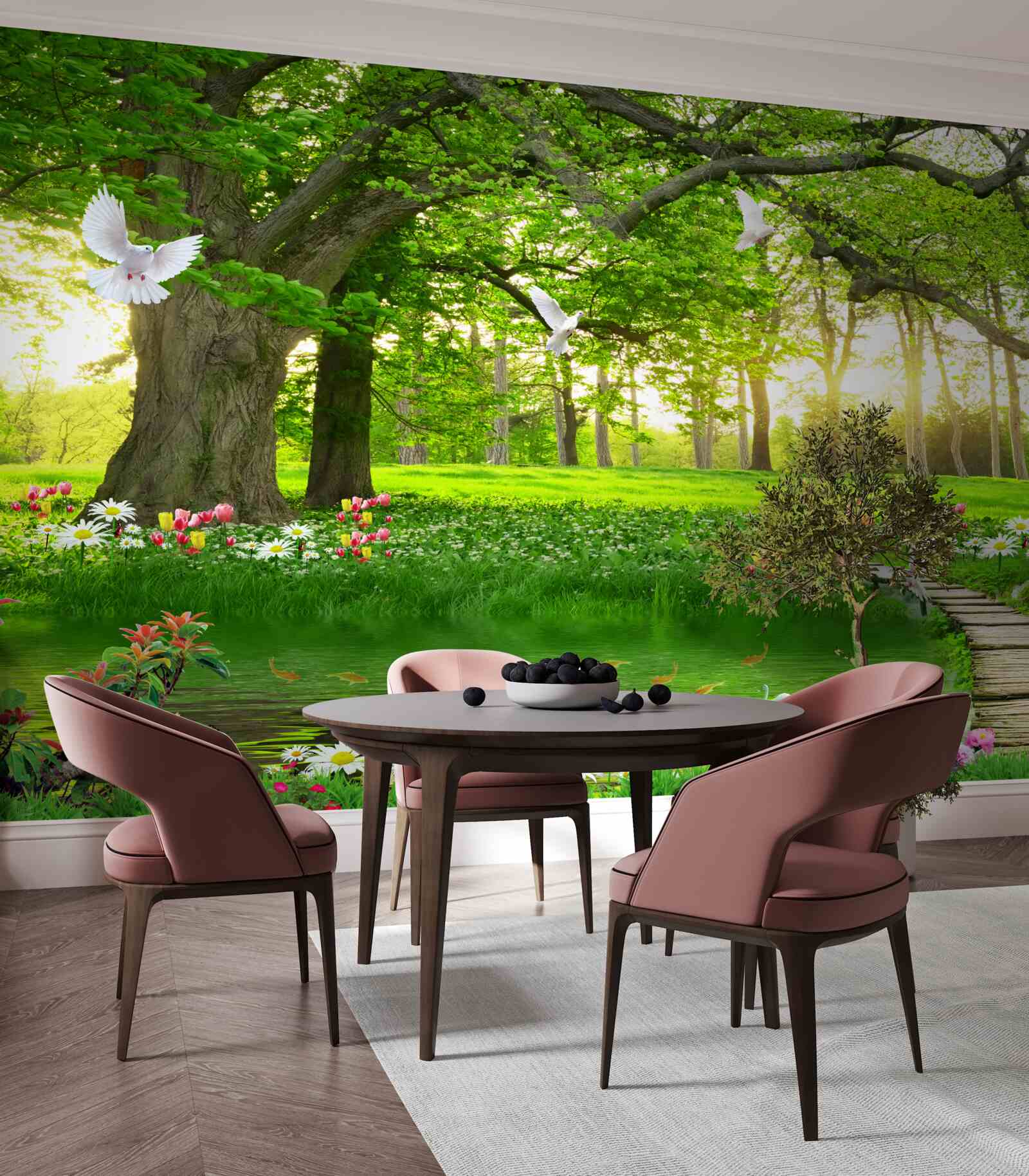 Papier peint à l'aube, la prairie ensoleillée est verte