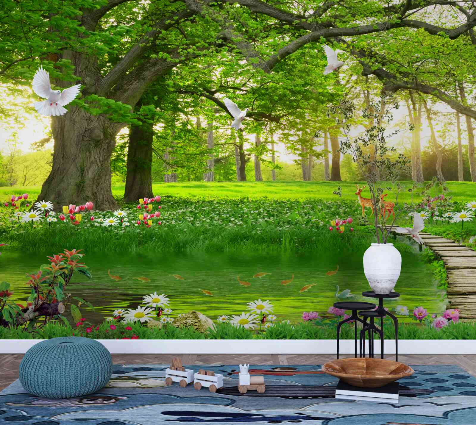 Papier peint à l'aube, la prairie ensoleillée est verte