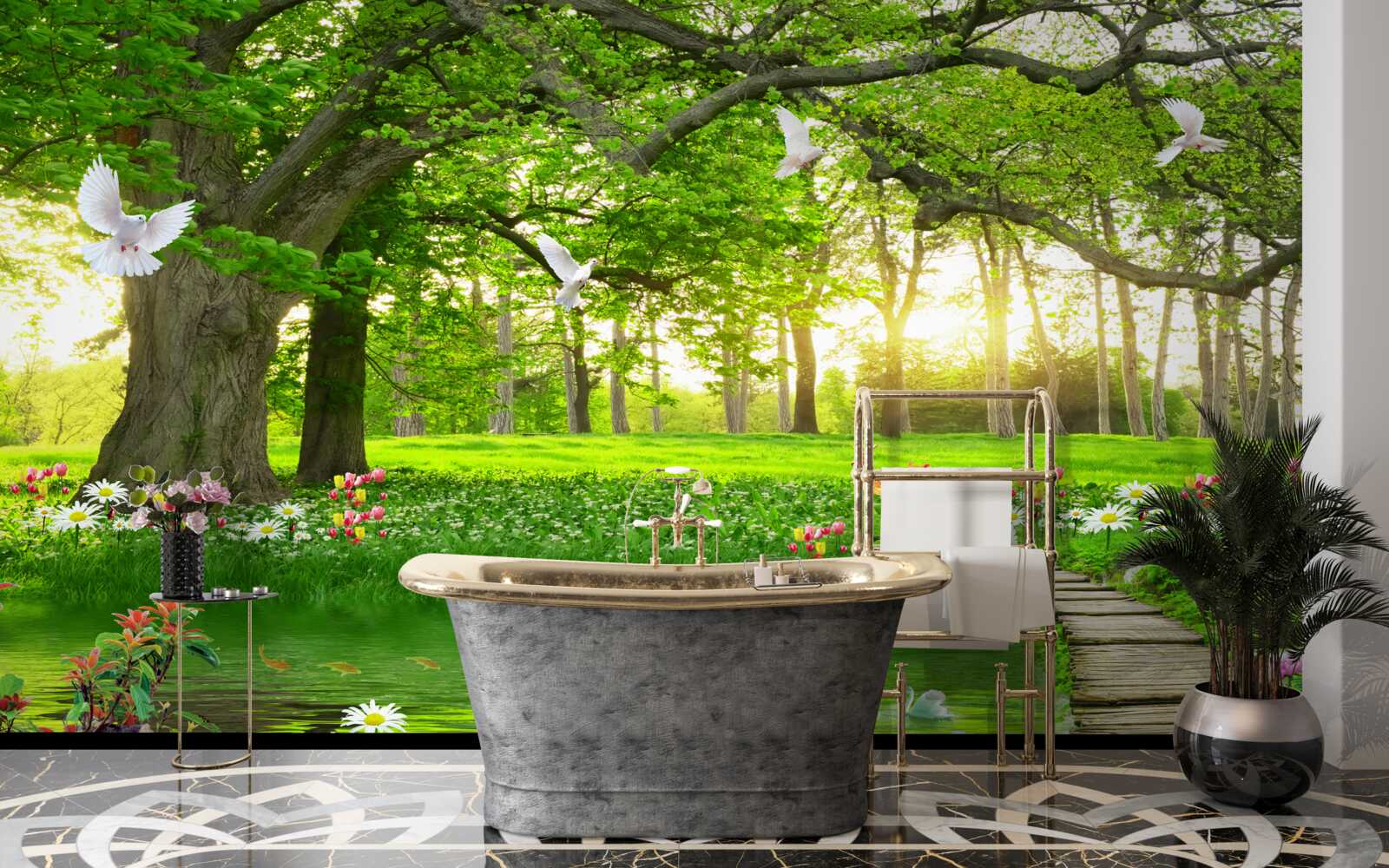 Papier peint à l'aube, la prairie ensoleillée est verte