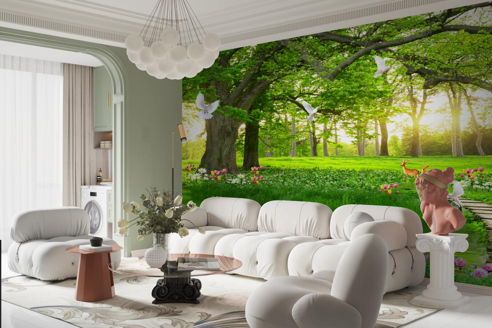 Papier peint à l'aube, la prairie ensoleillée est verte