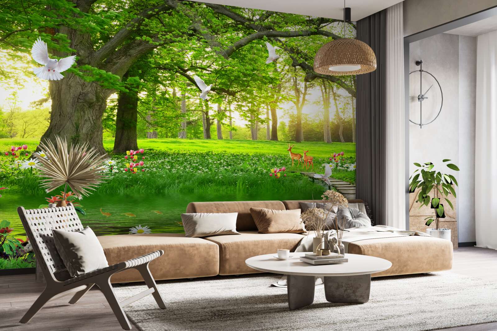 Papier peint à l'aube, la prairie ensoleillée est verte