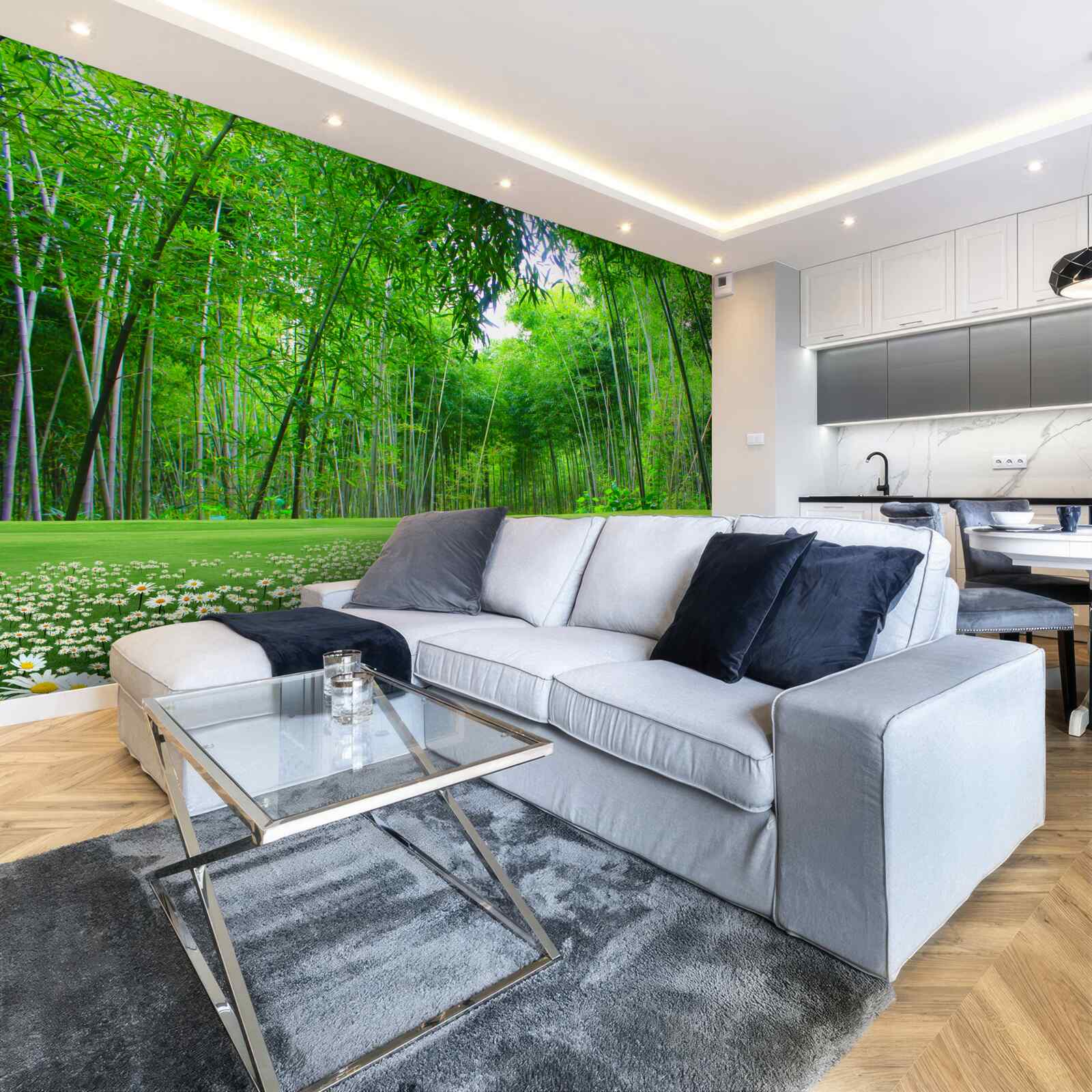 Papier peint un champ qui devient une bambouseraie