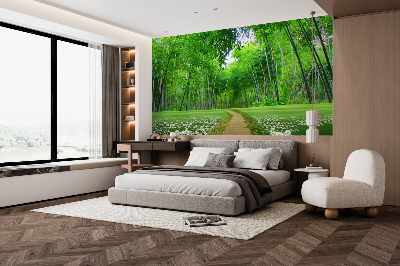 Papier peint un champ qui devient une bambouseraie