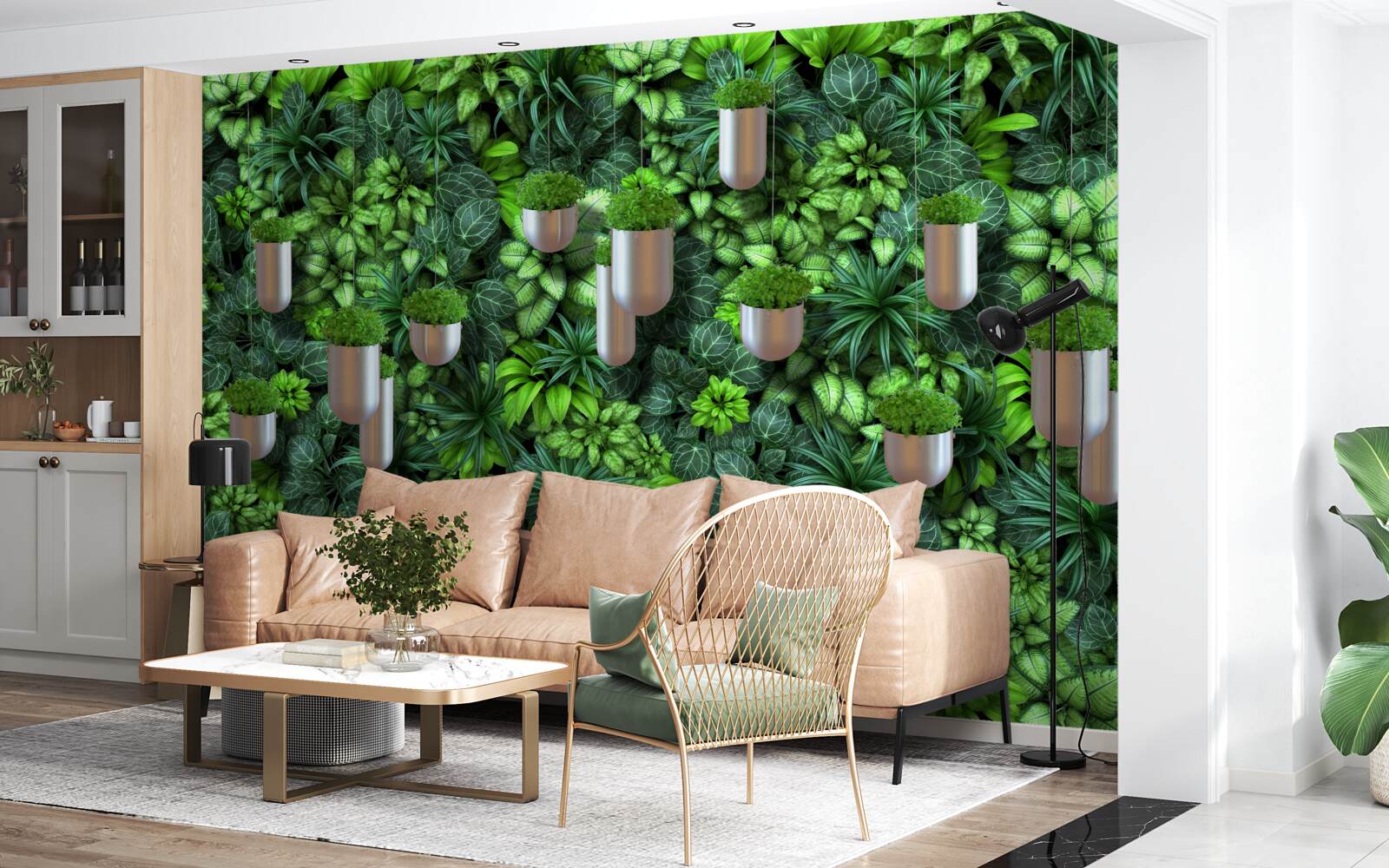 Papier peint la couleur est verte et les plantes sont en pot