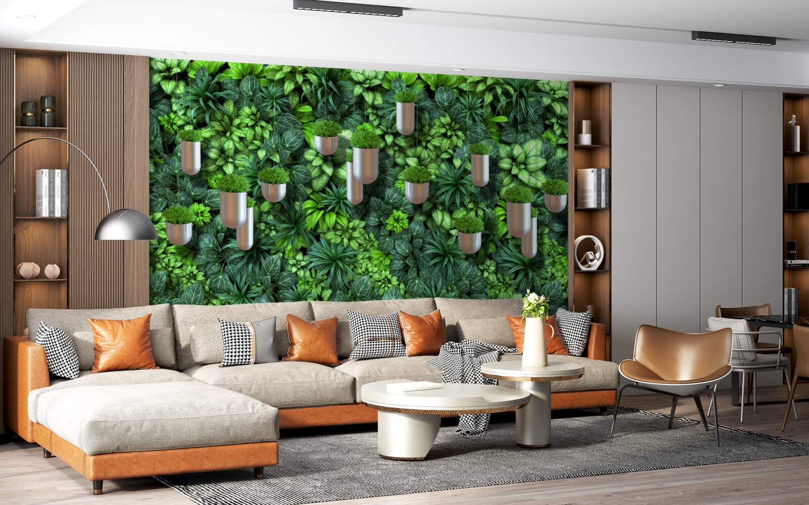 Papier peint la couleur est verte et les plantes sont en pot