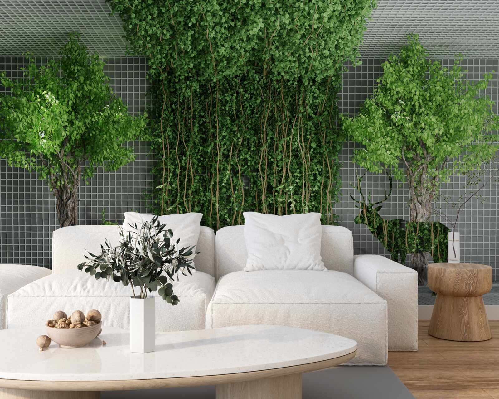 Papier peint une forêt verdoyante entoure la scène du cerf