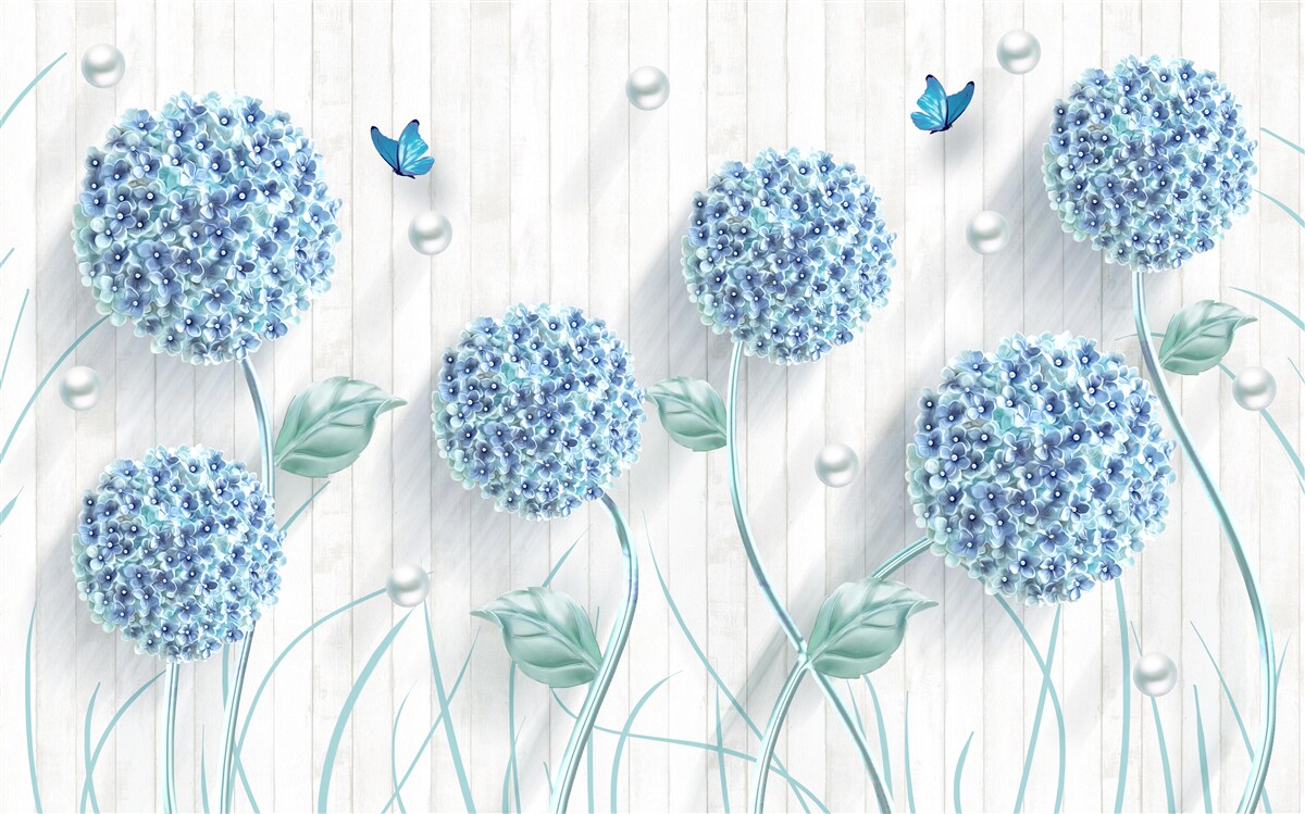 Papier peint papillons et fleurs bleus inhabituels