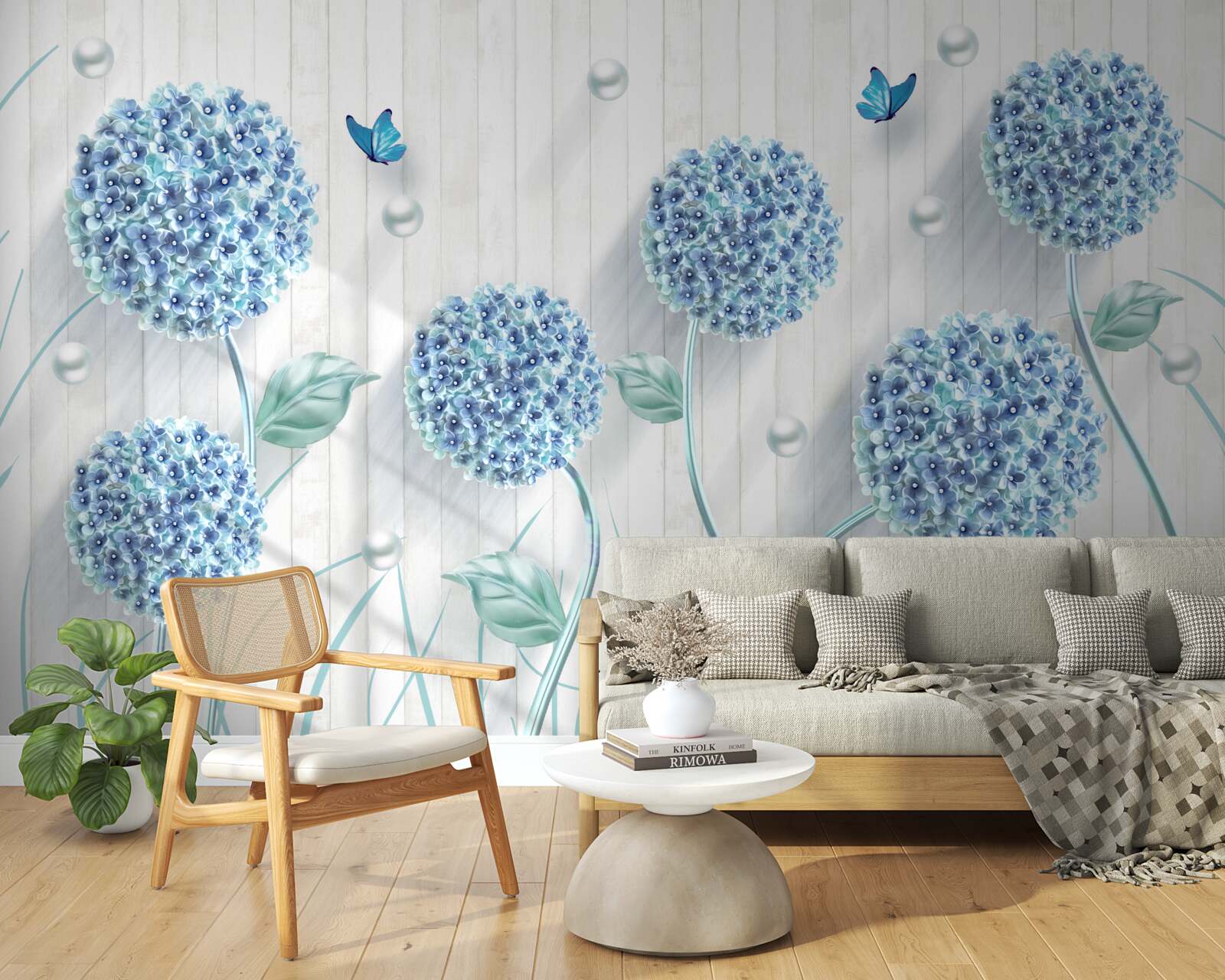 Papier peint papillons et fleurs bleus inhabituels