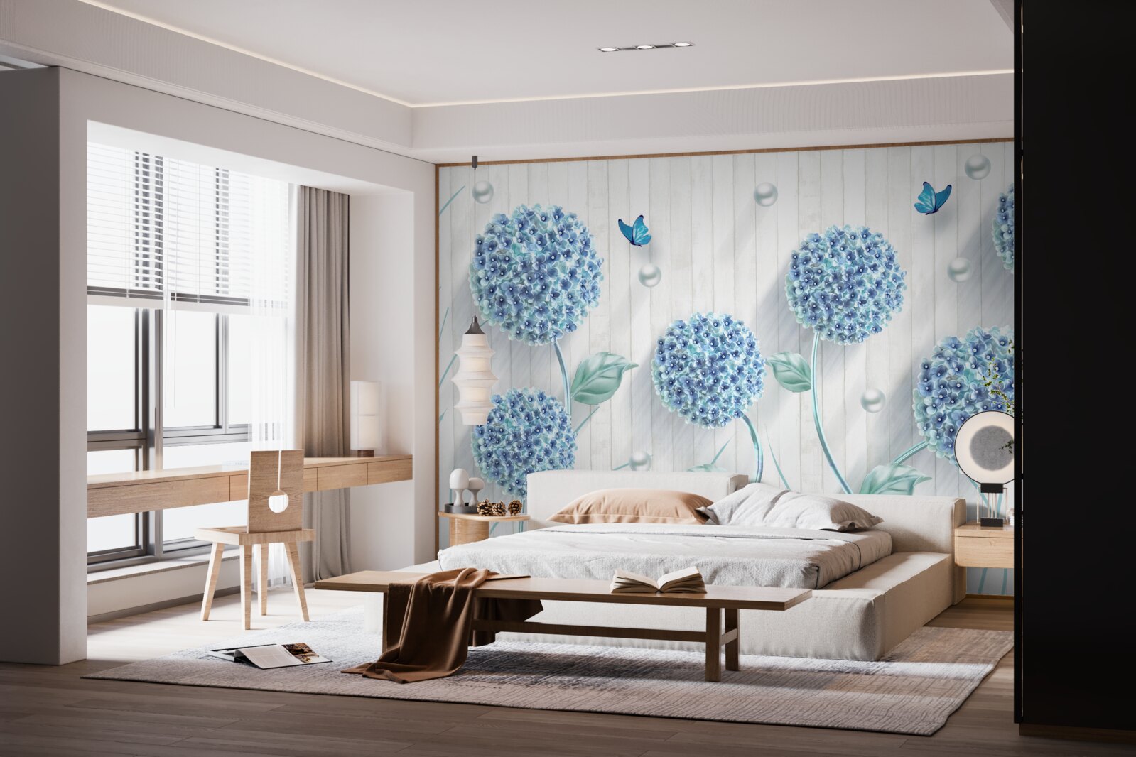 Papier peint papillons et fleurs bleus inhabituels