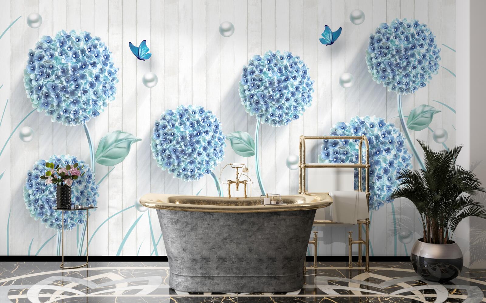 Papier peint papillons et fleurs bleus inhabituels