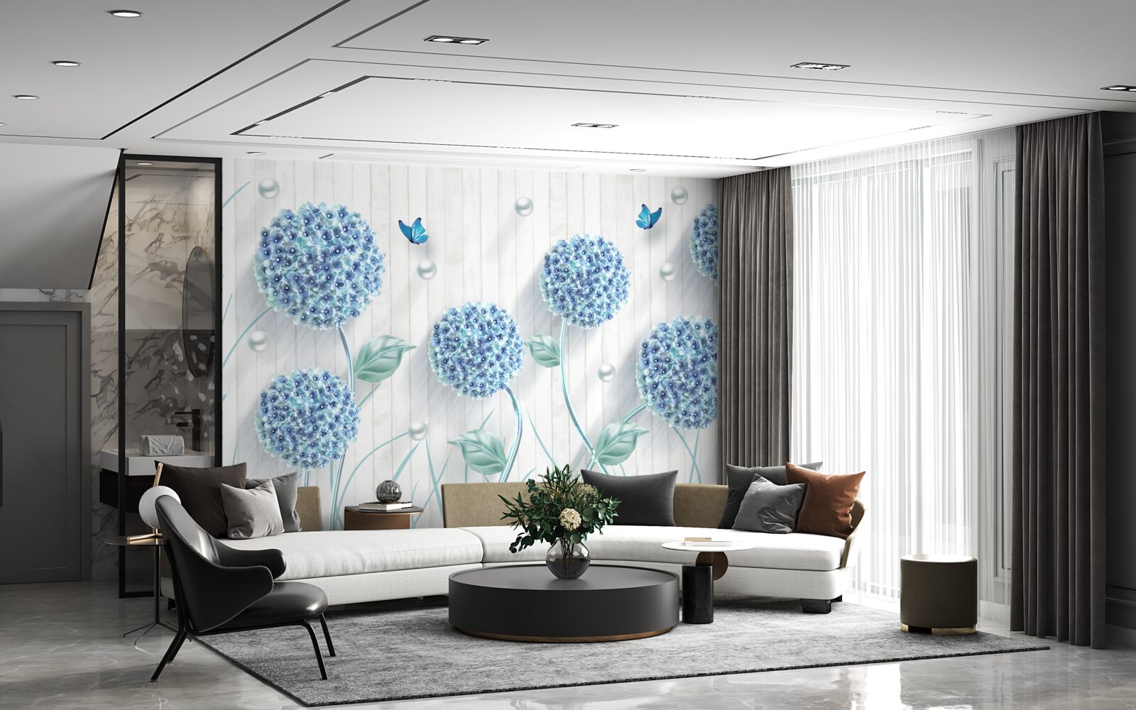 Papier peint papillons et fleurs bleus inhabituels