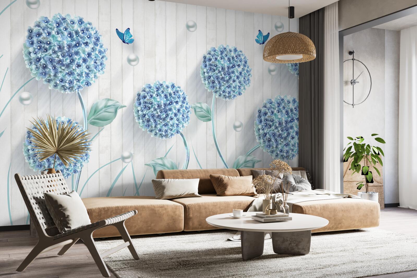 Papier peint papillons et fleurs bleus inhabituels