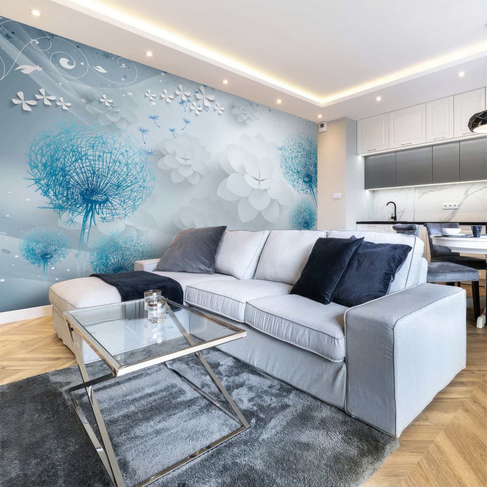 Papier peint gamme de tons bleus avec fleurs