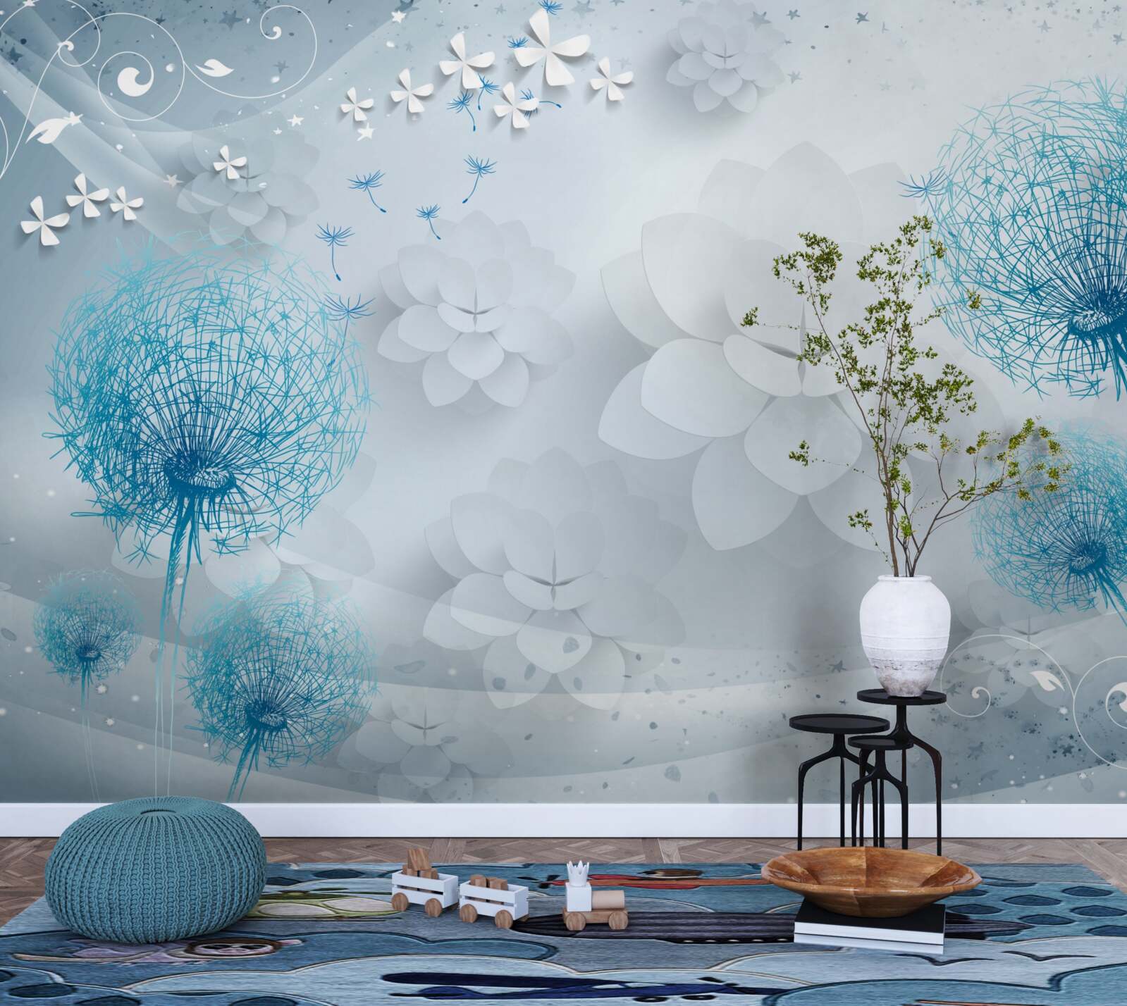 Papier peint gamme de tons bleus avec fleurs