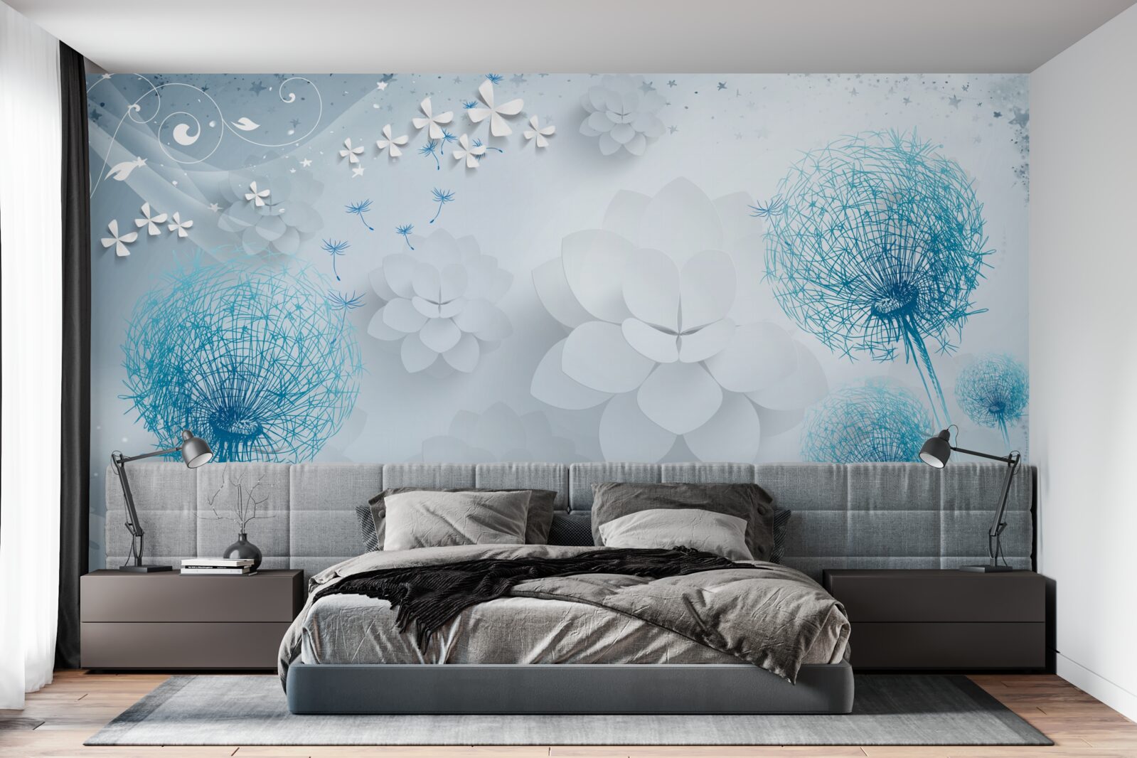 Papier peint gamme de tons bleus avec fleurs