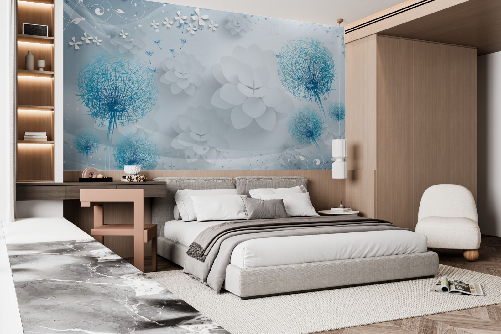 Papier peint gamme de tons bleus avec fleurs