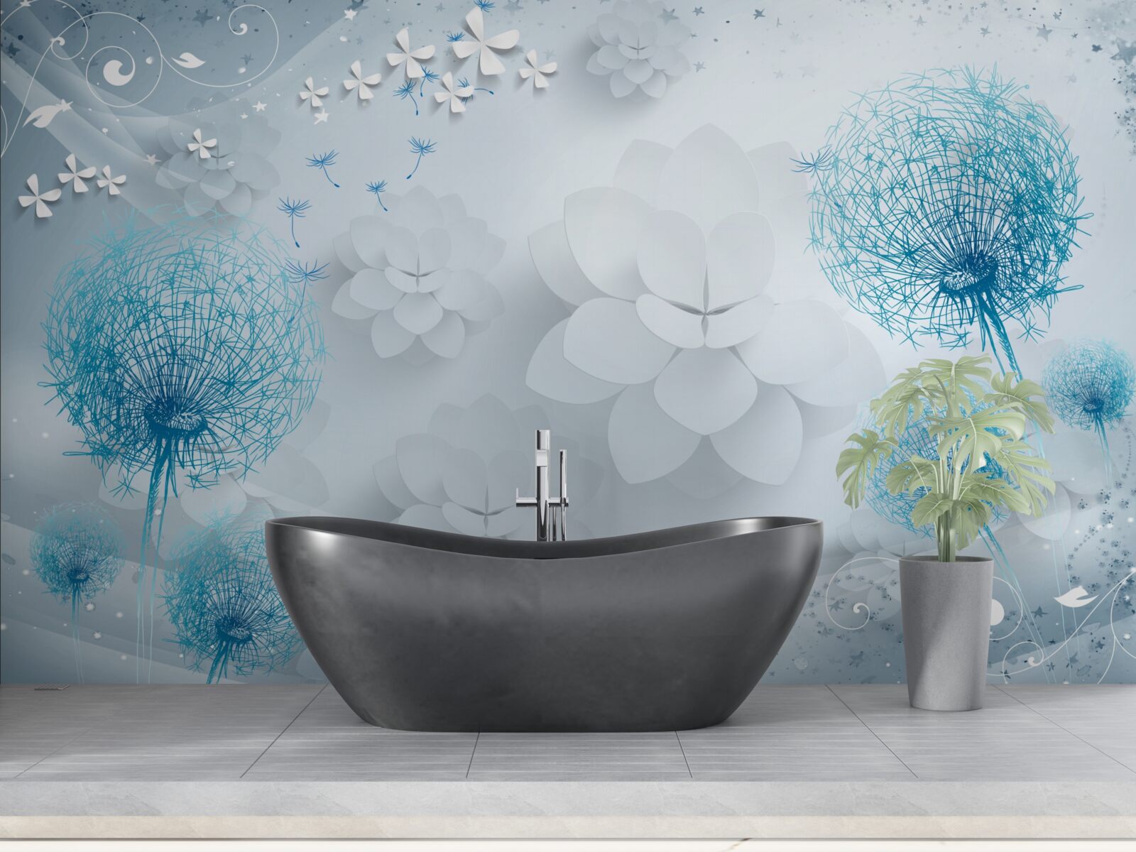 Papier peint gamme de tons bleus avec fleurs