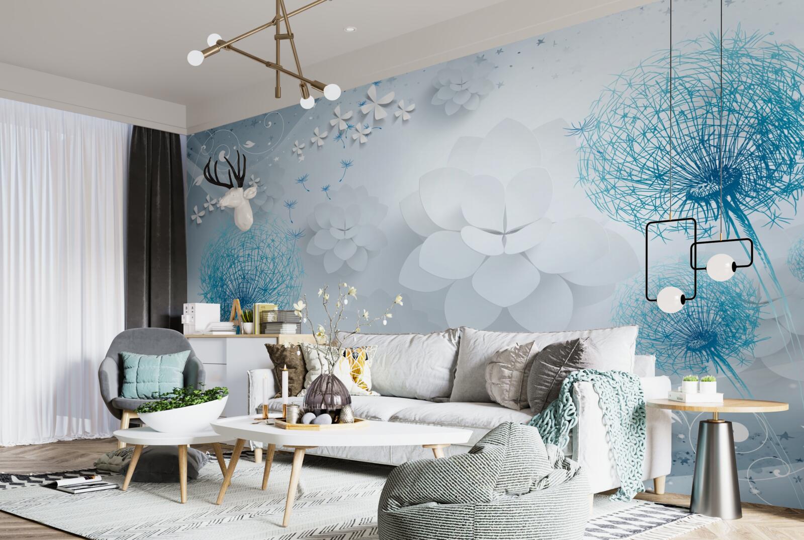 Papier peint gamme de tons bleus avec fleurs