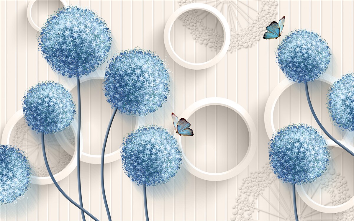 Papier peint des papillons et des fleurs bleues sont représentés sur un fond blanc