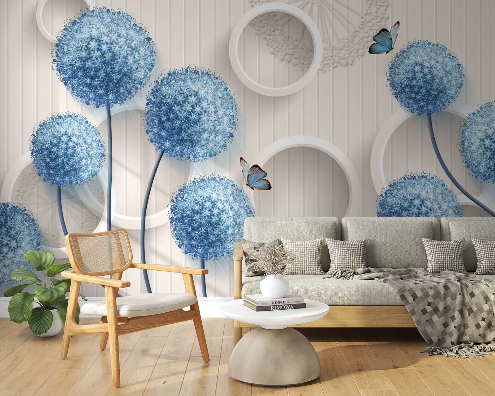 Papier peint des papillons et des fleurs bleues sont représentés sur un fond blanc