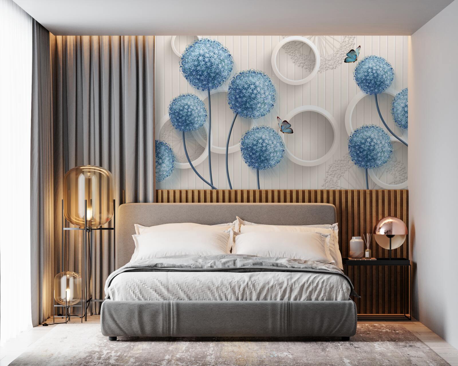 Papier peint des papillons et des fleurs bleues sont représentés sur un fond blanc