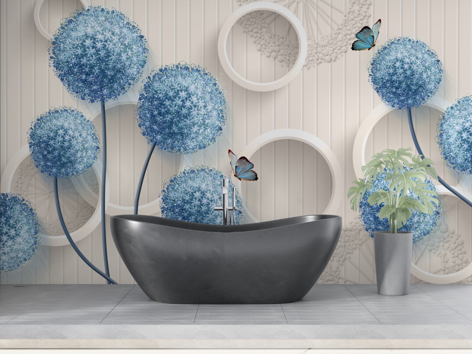 Papier peint des papillons et des fleurs bleues sont représentés sur un fond blanc