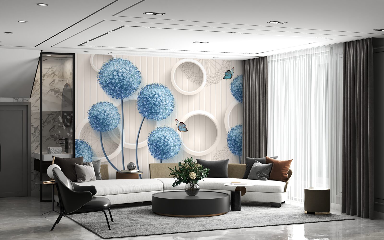 Papier peint des papillons et des fleurs bleues sont représentés sur un fond blanc