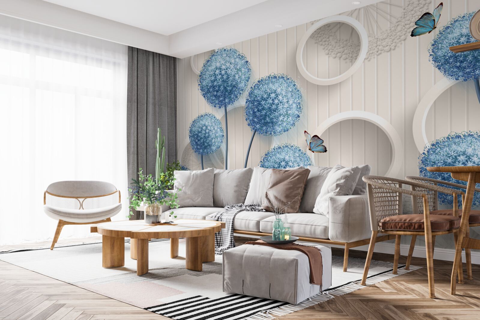 Papier peint des papillons et des fleurs bleues sont représentés sur un fond blanc