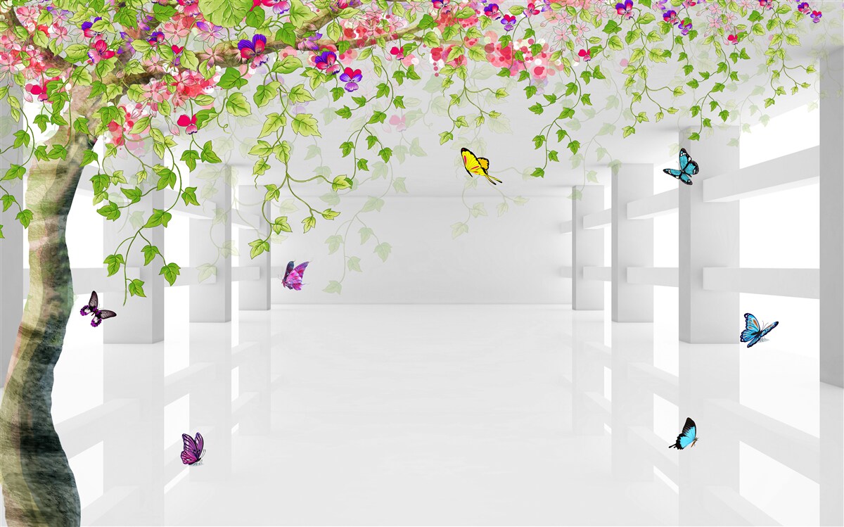 Papier peint des papillons se promènent dans un arbre en fleurs dans un couloir