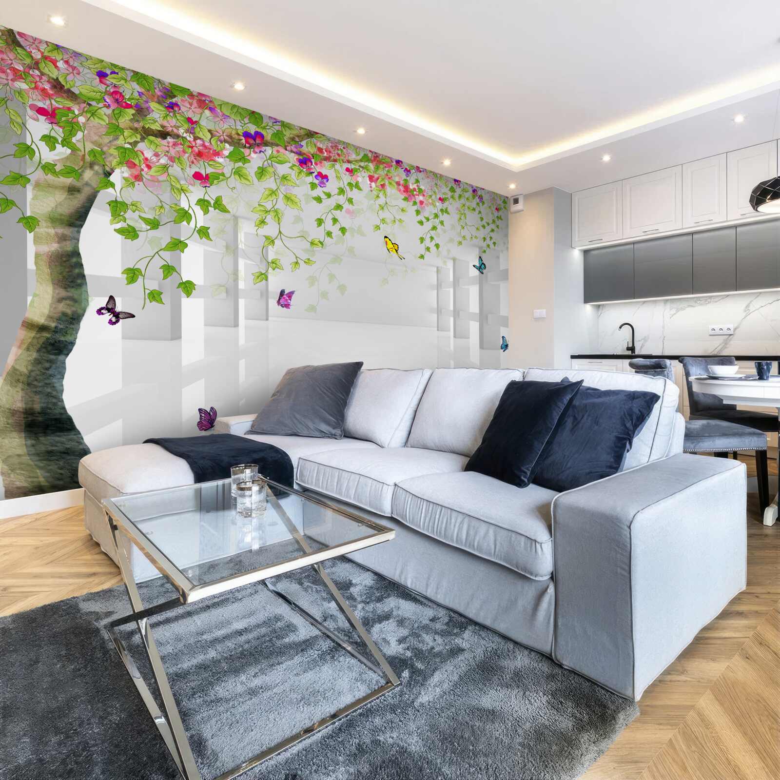 Papier peint des papillons se promènent dans un arbre en fleurs dans un couloir