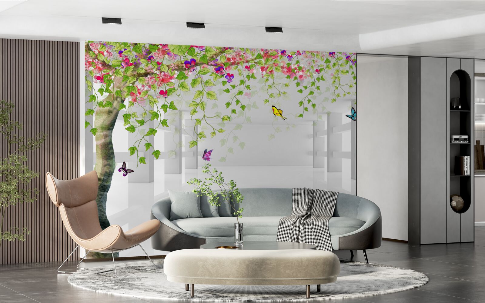 Papier peint des papillons se promènent dans un arbre en fleurs dans un couloir