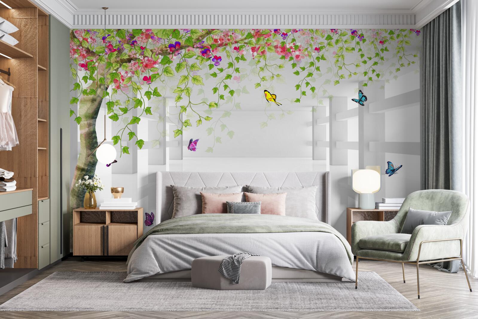 Papier peint des papillons se promènent dans un arbre en fleurs dans un couloir