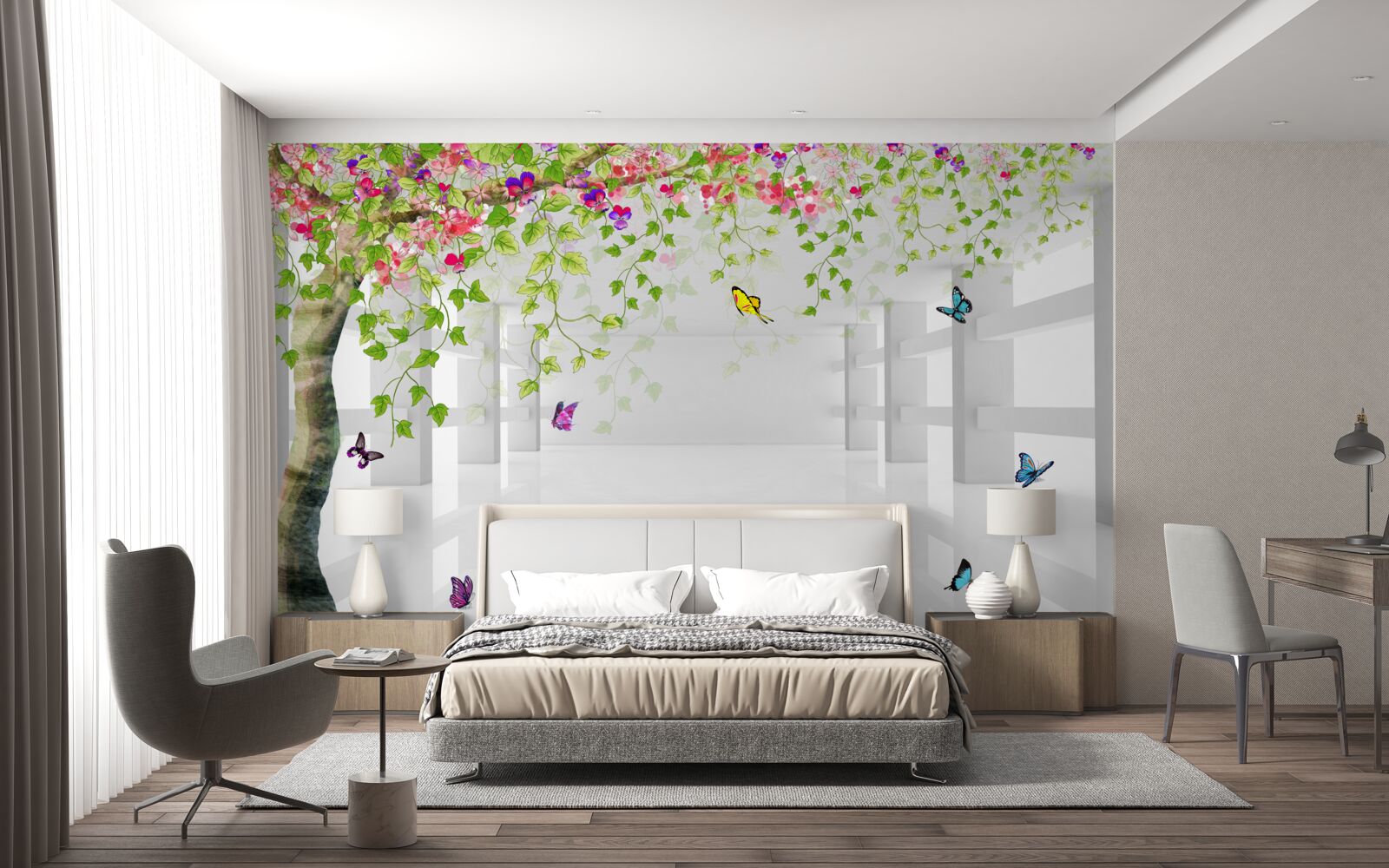 Papier peint des papillons se promènent dans un arbre en fleurs dans un couloir