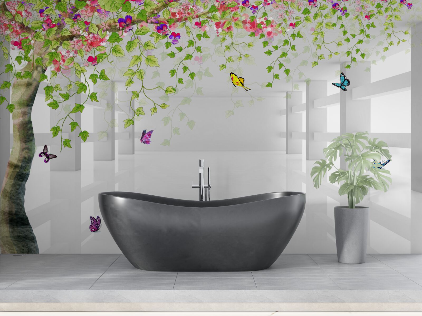 Papier peint des papillons se promènent dans un arbre en fleurs dans un couloir