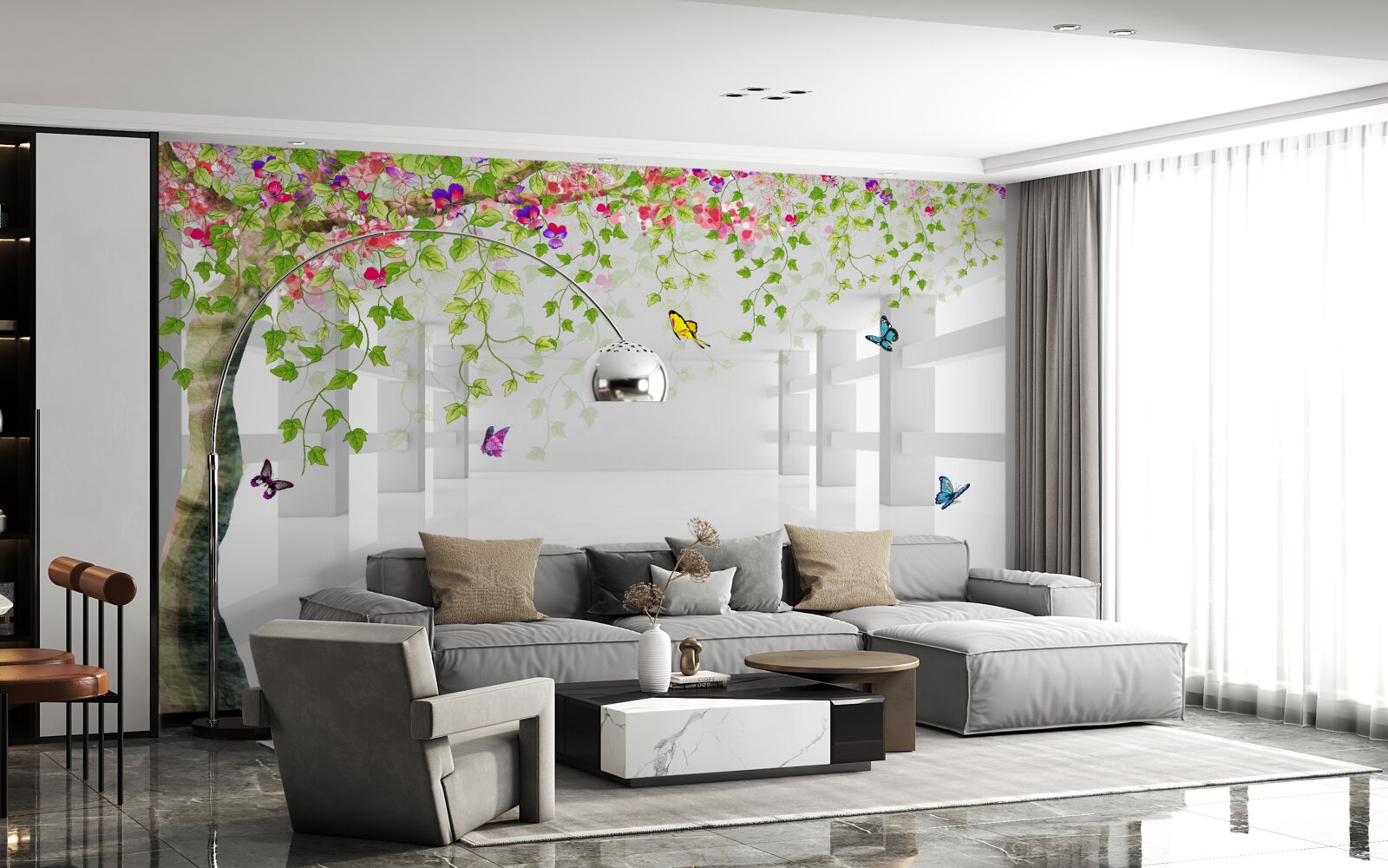 Papier peint des papillons se promènent dans un arbre en fleurs dans un couloir