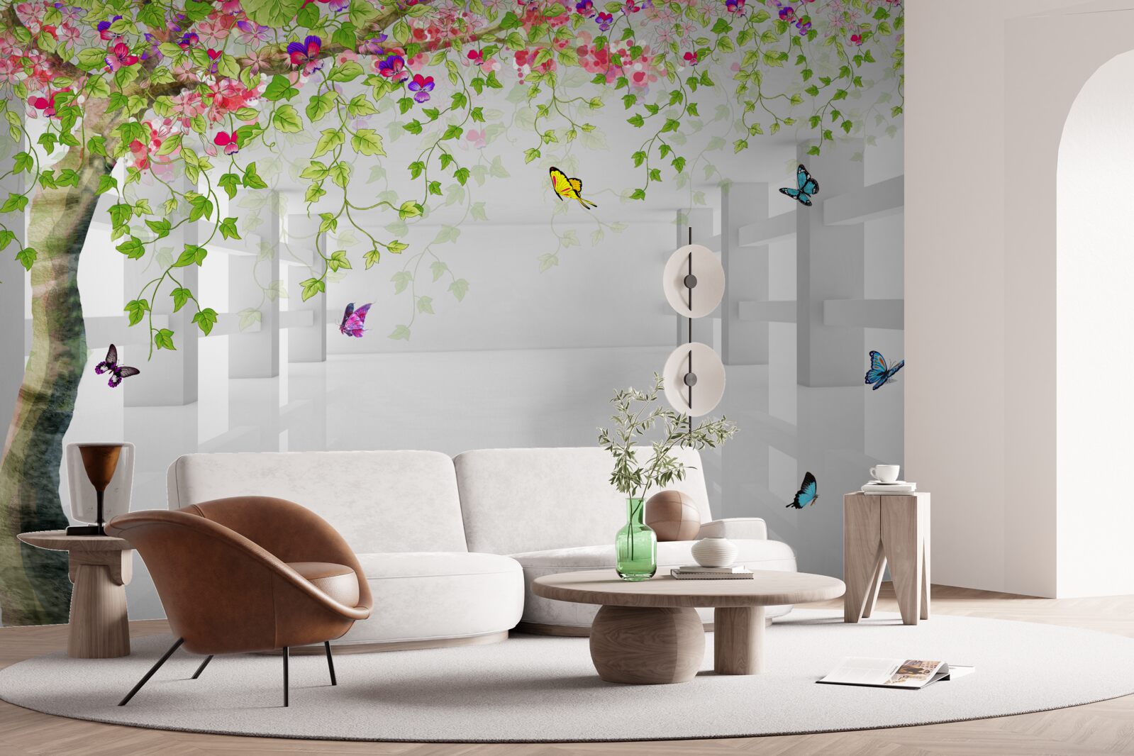 Papier peint des papillons se promènent dans un arbre en fleurs dans un couloir