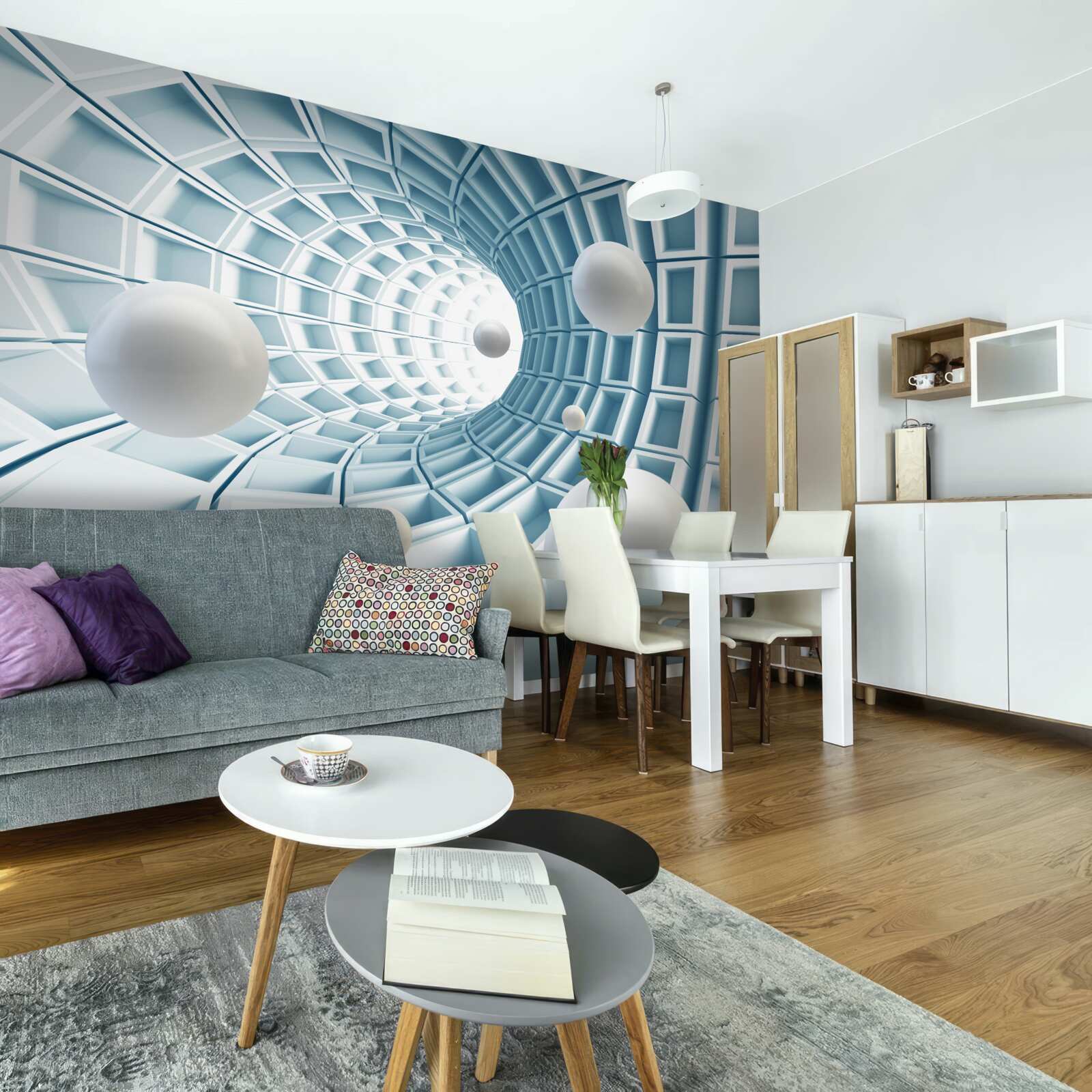 Papier peint des boules de lumière flottent dans un couloir bleu qui s'estompe