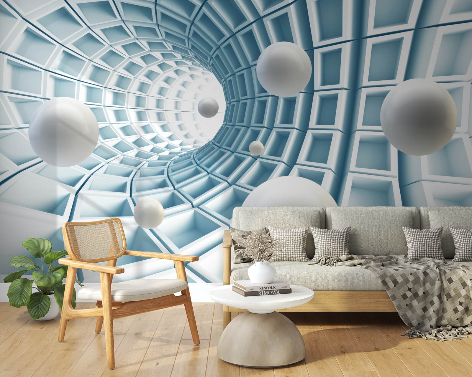 Papier peint des boules de lumière flottent dans un couloir bleu qui s'estompe