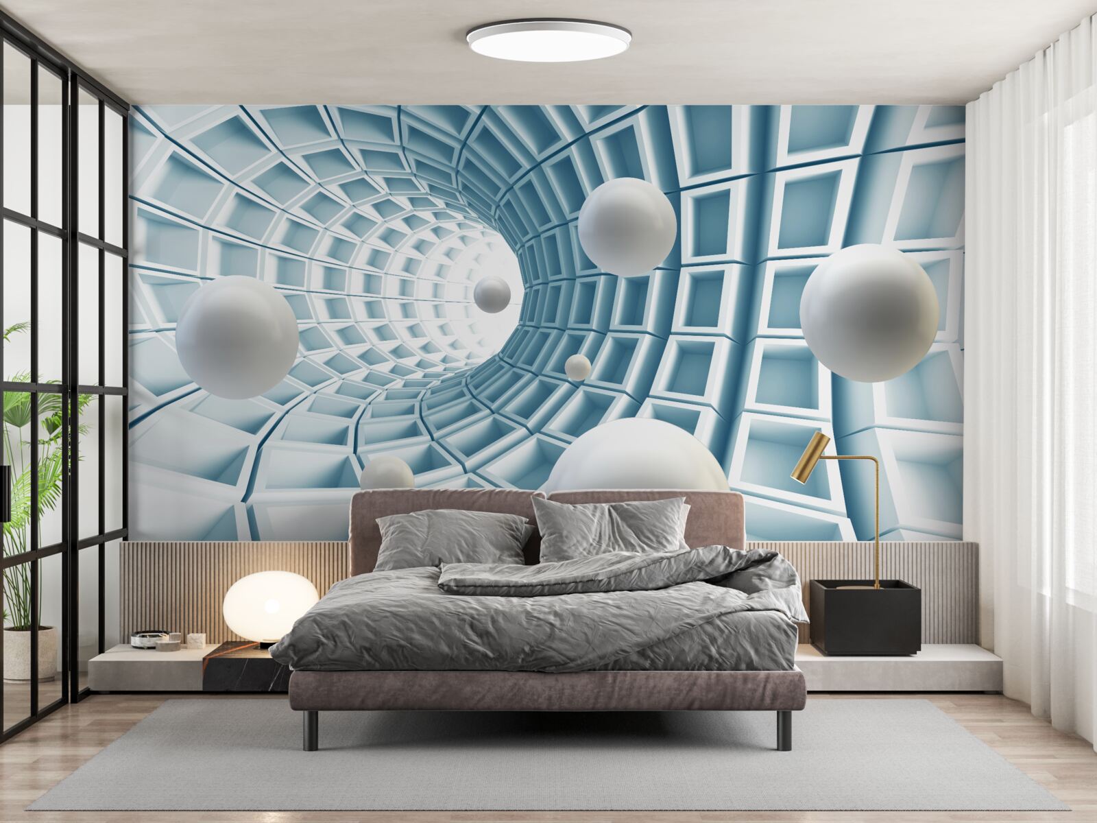 Papier peint des boules de lumière flottent dans un couloir bleu qui s'estompe