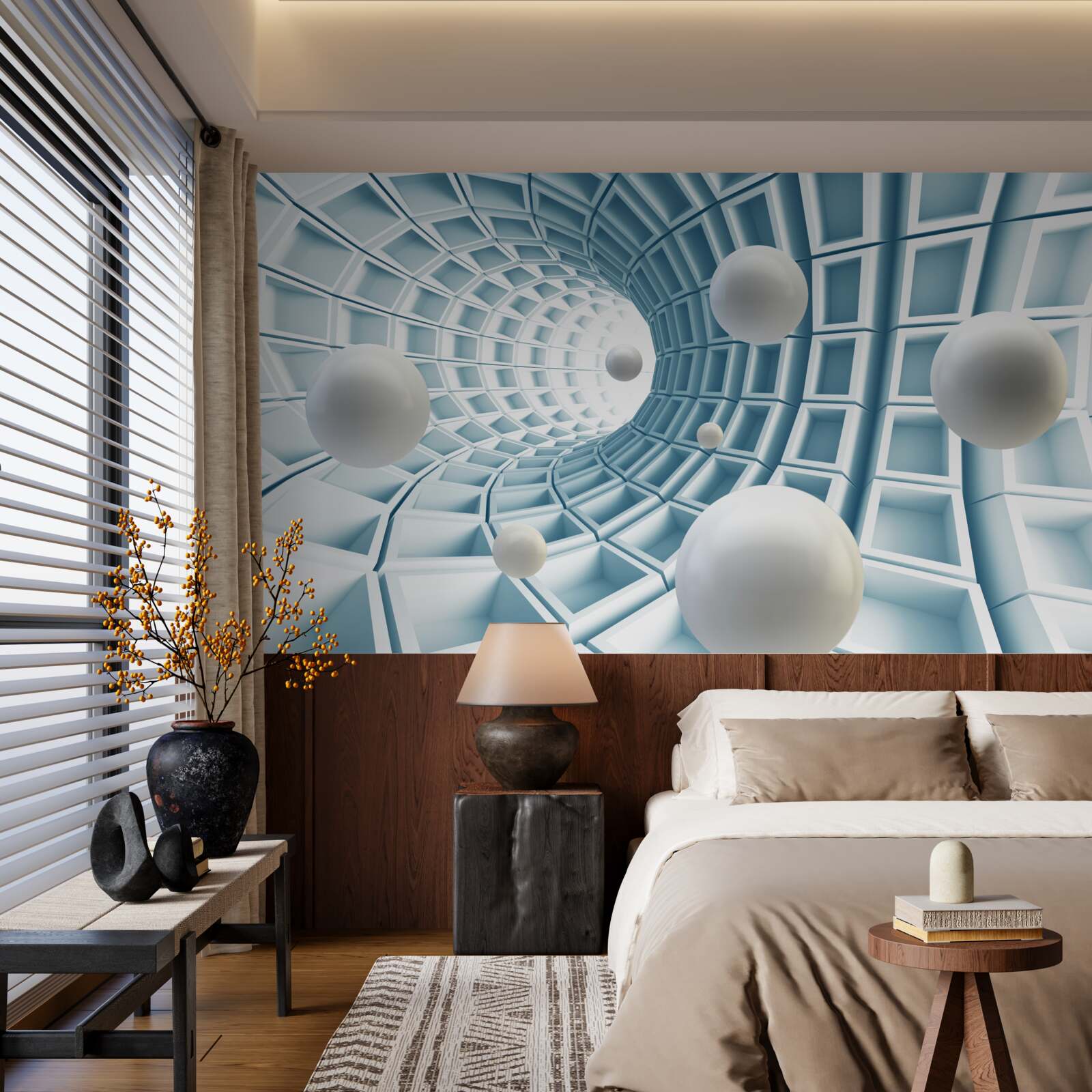 Papier peint des boules de lumière flottent dans un couloir bleu qui s'estompe