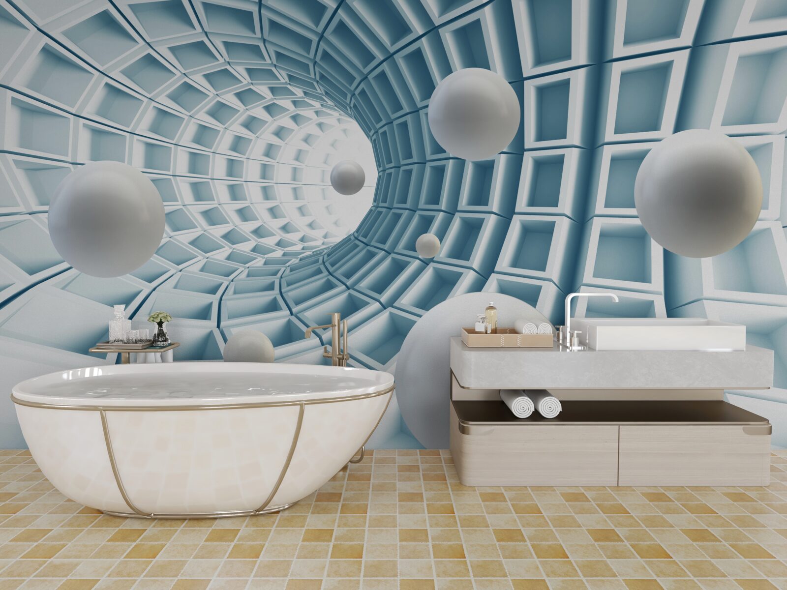 Papier peint des boules de lumière flottent dans un couloir bleu qui s'estompe