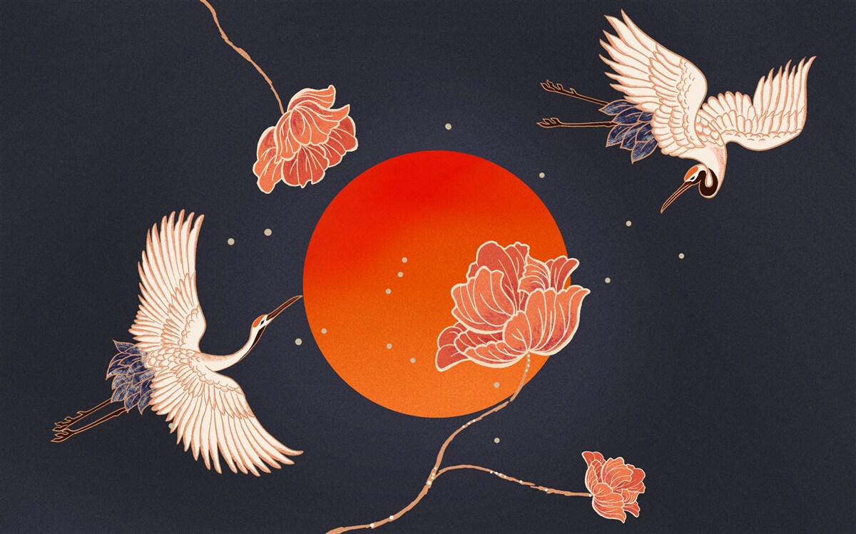 Papier peint le coucher du soleil est marqué par le départ des grues