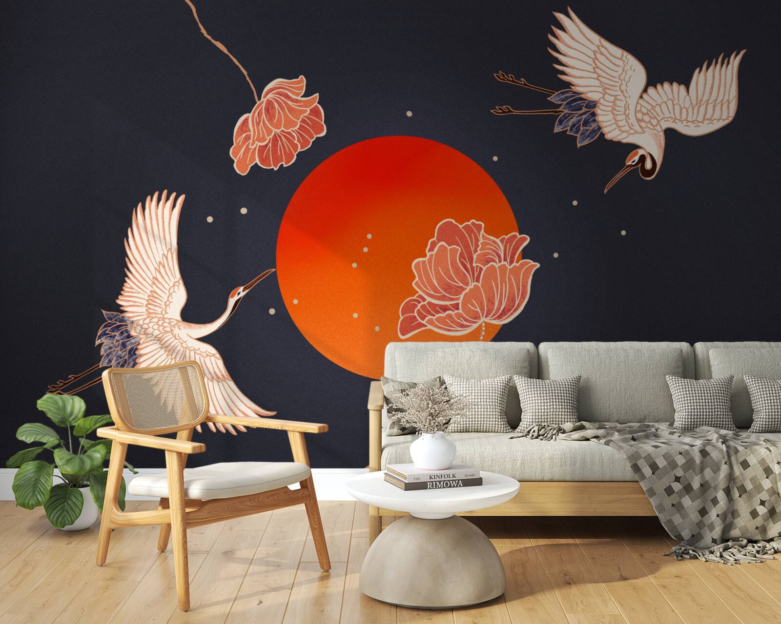 Papier peint le coucher du soleil est marqué par le départ des grues