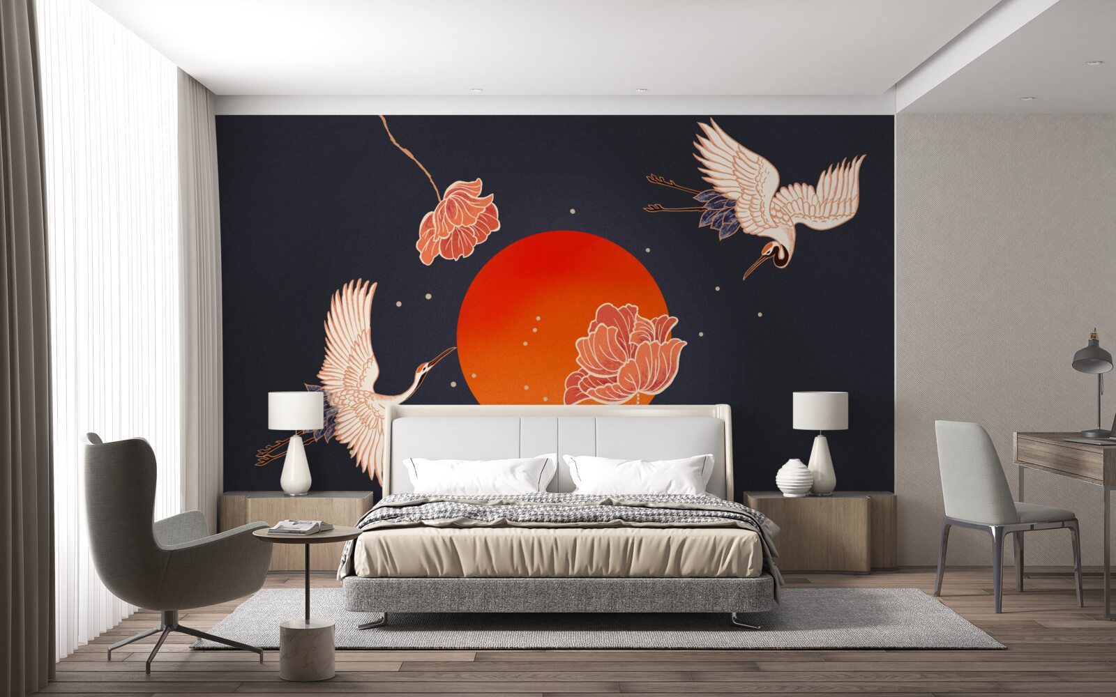 Papier peint le coucher du soleil est marqué par le départ des grues