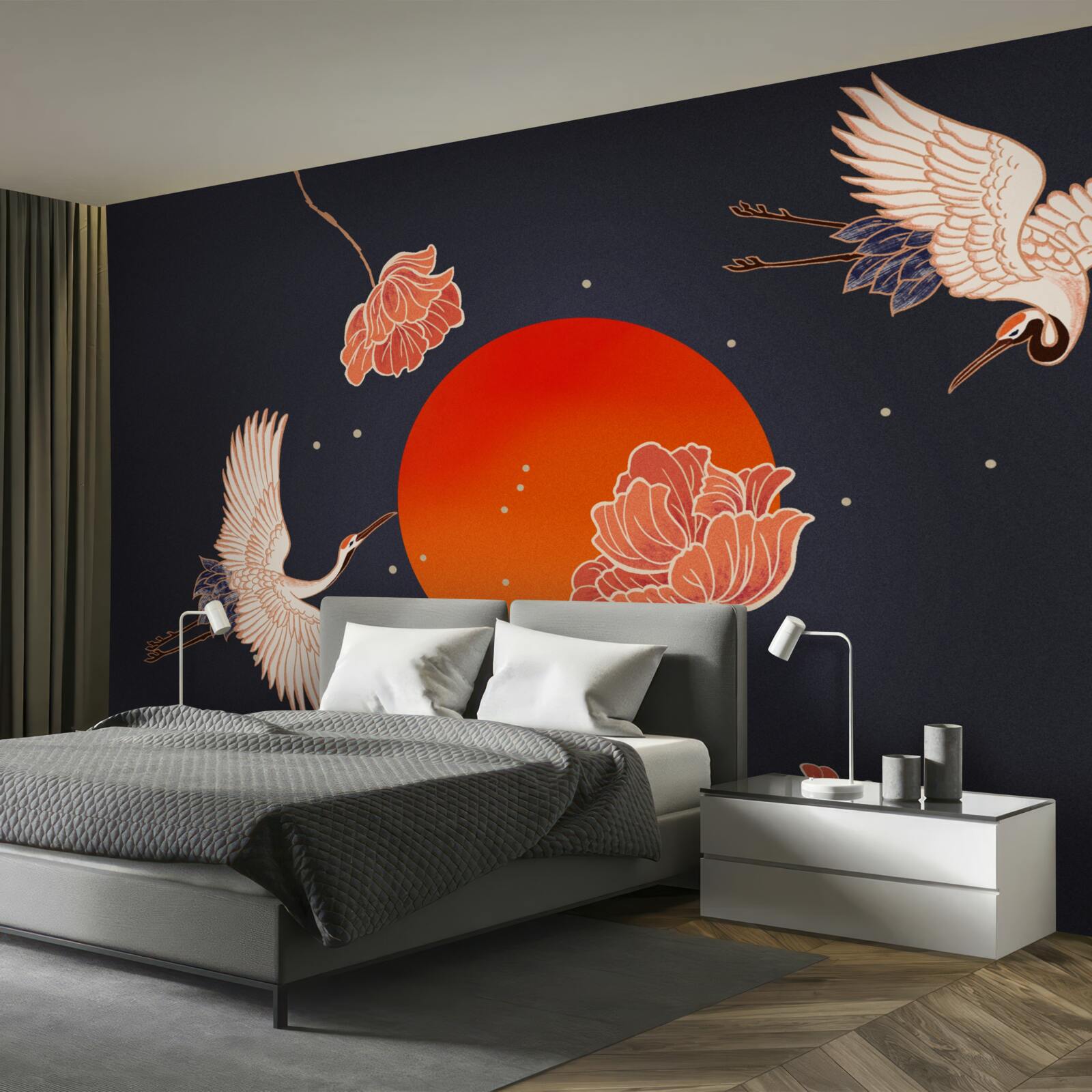 Papier peint le coucher du soleil est marqué par le départ des grues